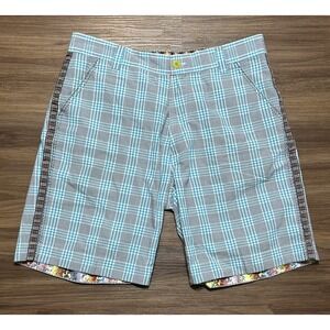 Robert Graham Glen Blue Plaid Flip Cuff Shorts Classic Fit Flat Front Sz 34